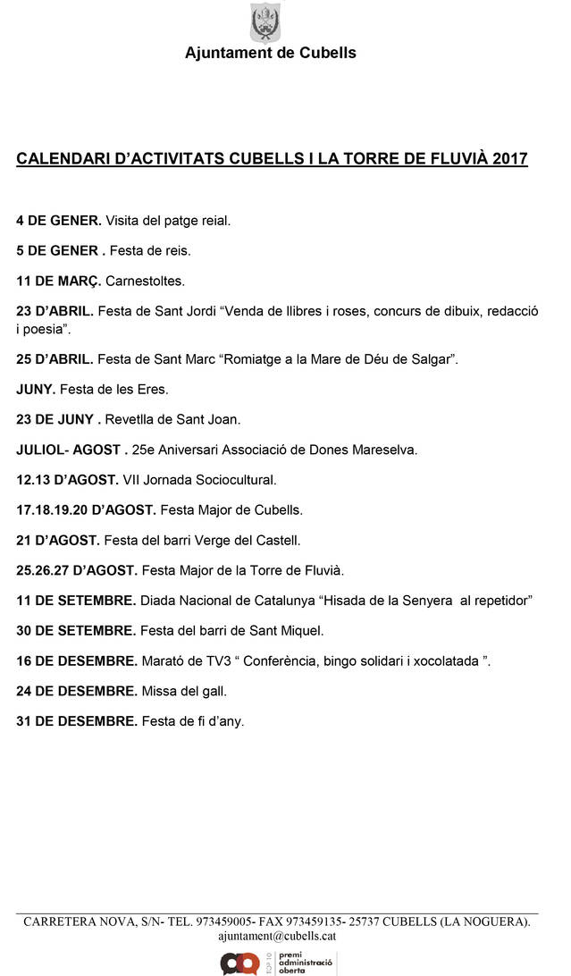 Calendari d'activitats Cubells i la Torre de Fluvià 2017