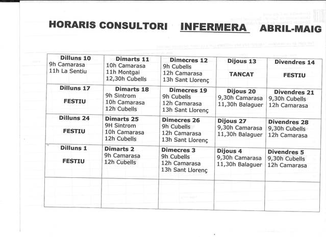 Horaris infermeria abril