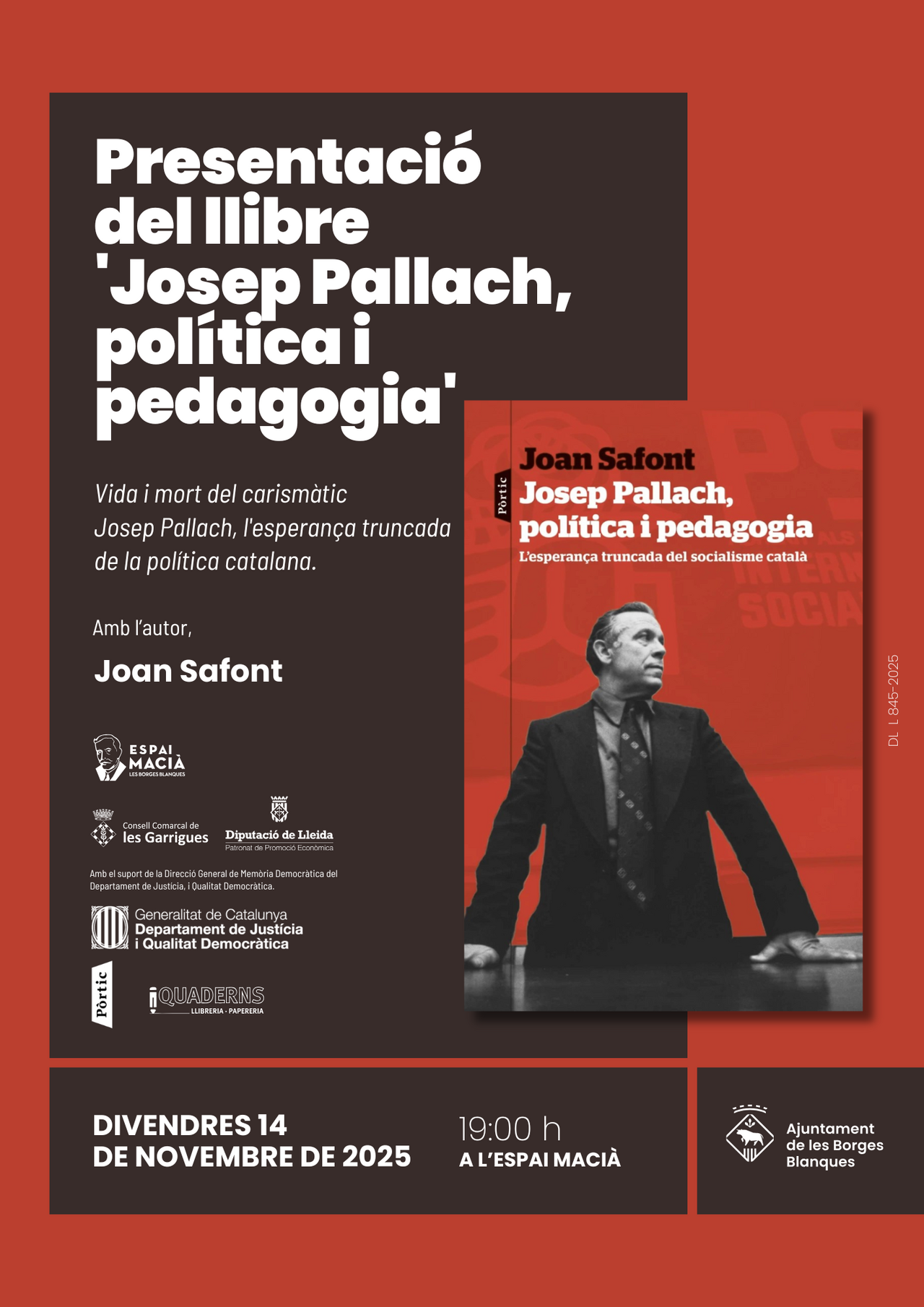 Joan Safont presenta el llibre "Josep Pallach, política i pedagogia" a l'Espai Macià _ Borges Blanqu