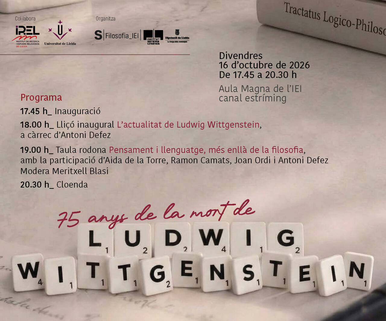 Commemoració dels 75 anys de la mort de Ludwig Wittgenstein