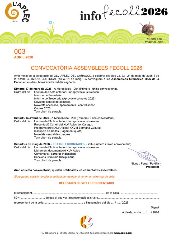 Calendario de Asambleas Fecoll 2026