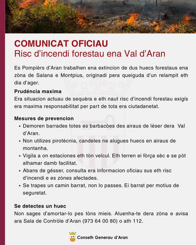 Comunicat Oficiau; Risc d’incendi forestau ena Val d’Aran
