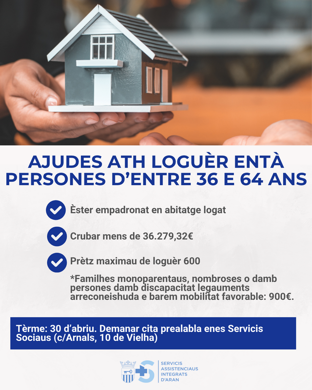 Demore dubèrta era convocatòria entà demanar ajudes as persones d’entre 36 e 64 ans damb pògui recorsi que viuen de loguèr