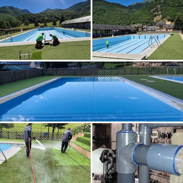 Era brigada municipau trabalhe enes piscines municipaus de Bossòst de cara ara sason d’ostiu