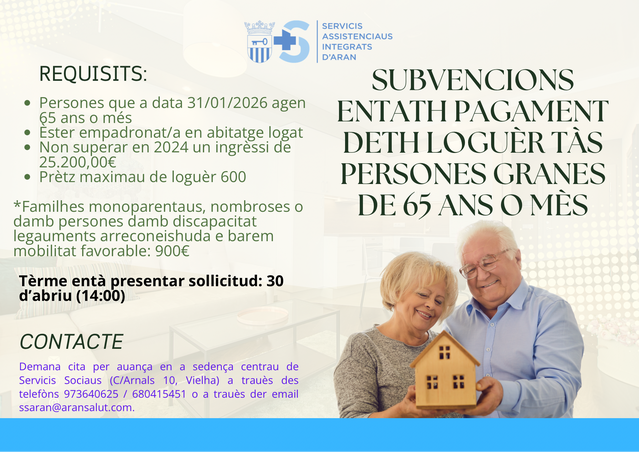 Era Generalitat de Catalunya a dubèrt dejà es sues ajudes ath loguèr des persones que a data 31/01/2026 agen 65 ans o mès