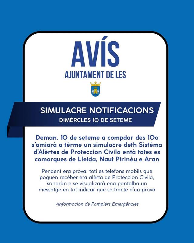Eth 10 de seteme, simulacre deth Sistèma d’Alèrtes de Proteccion Civila