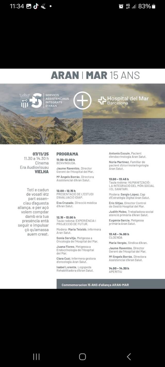 Eth 7 de noveme se celèbren es 15 ans d’aliança der Espitau Val d’Aran damb eth Hospital del Mar