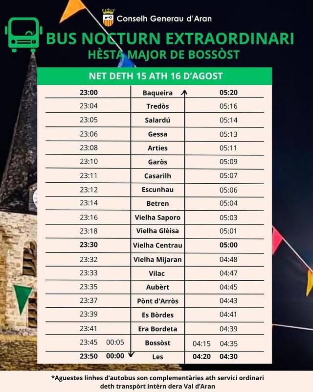 Eth Conselh Generau d’Aran abilitarà un servici de bus nocturn era net deth 15 ath 16 d’agost, damb motiu dera Hèsta Major de Bossòst