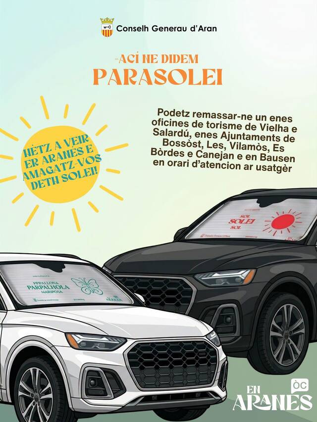 Eth Conselh Generau d’Aran continue damb es accions de promocion e normalizacion der aranés a trauès dera sua campanha “Ací ne didem” e met a disposicion dera ciutadania deth territòri parasoleis entàs coches