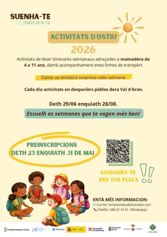 Eth programa “Suenha-te: temps entà tu”, aufrís, un an mès, es activitats d’ostiu dirigides ara mainadèra de 4 a 11 ans