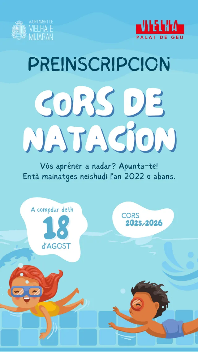 Ja ei dubèrt eth periòde des matriculacion as corsets de natacion deth cors 2025-26 que podetz formalizar ena recepcion deth Palai de Gèu
