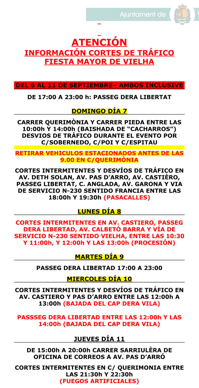 Talhs de transit previsti pera Hèsta de Vielha