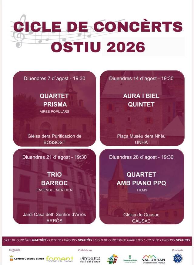 Torne eth Cicle de Concèrts d’Ostiu 2026, organizat peth Conselh Generau d’Aran, damb quate actuacions gratuïtes en diuèrsi espacis patrimoniaus d’Aran