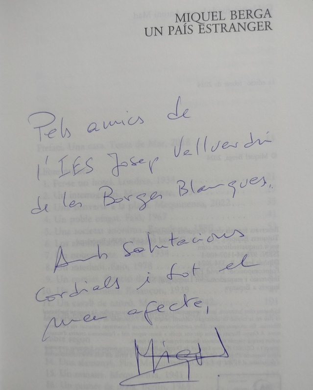 Una dedicatòria del professor Miquel Berga per a l'INS Josep Vallverdú