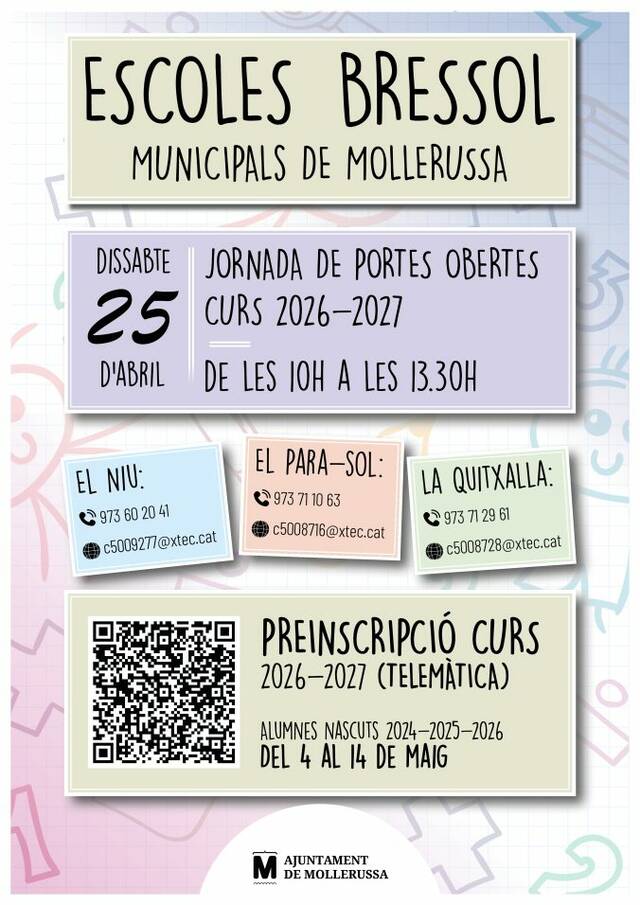 L’Ajuntament de Mollerussa obre del 4 al 14 de maig la preinscripció per optar a les 106 places vacants de les escoles bressol