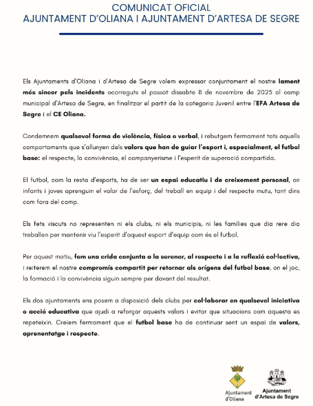 Oliana i Artesa condemnen la baralla del partit de juvenils