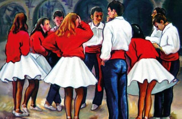 Una pintura sobre colles sardanistes al cartell de la Festa Major de Balaguer